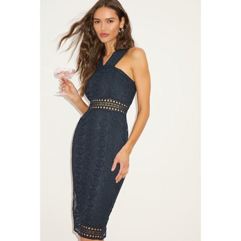 Lulus Cocktail Ready Navy Blue Crochet Lace Midi Dress - Size M